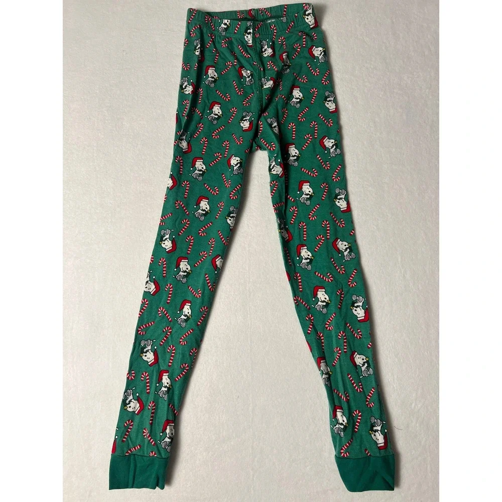 Hanna Andersson Peanuts Pajama Kids 130/ US 8 Green Snoopy Candy Cane Holiday